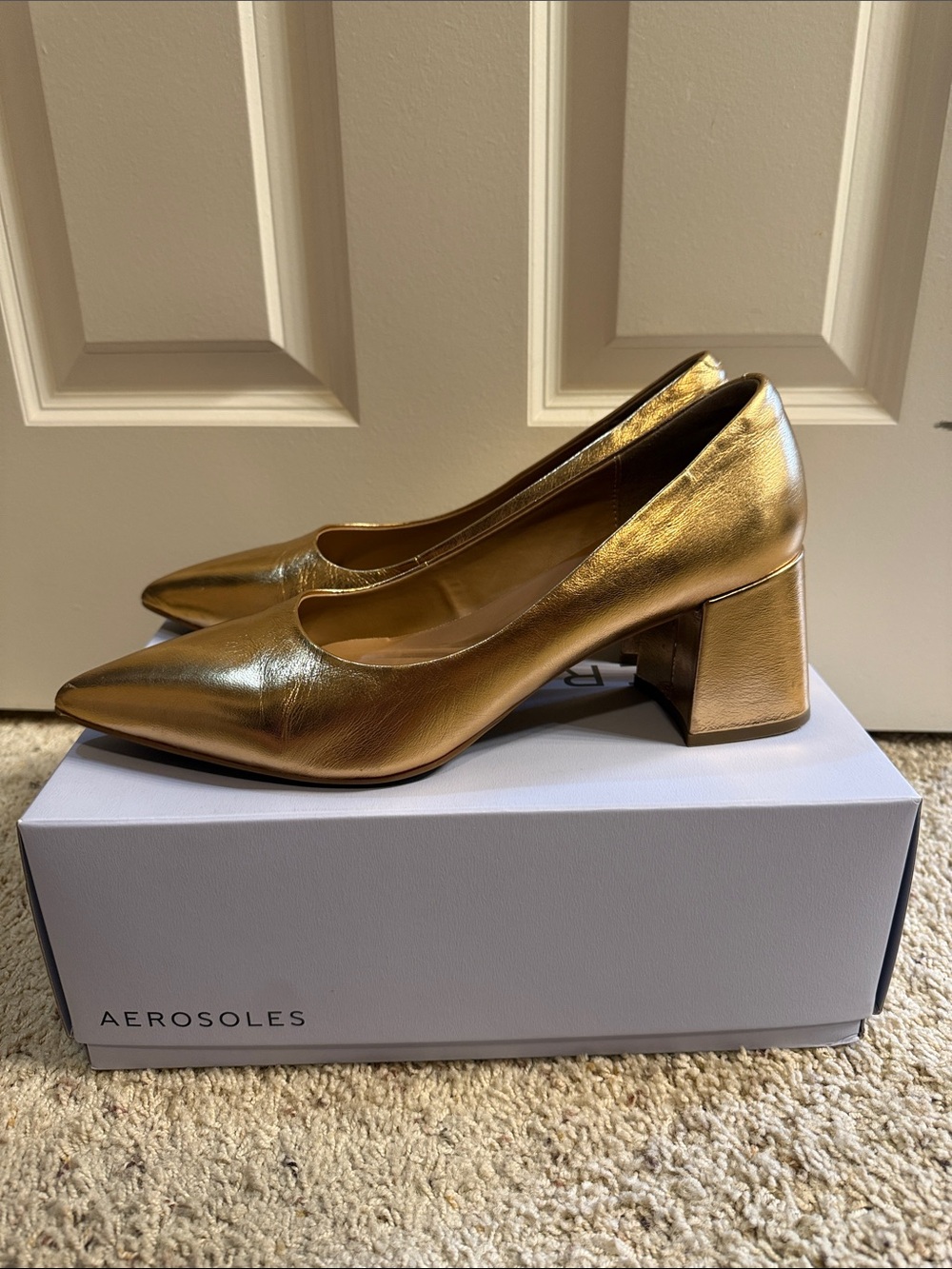 AEROSOLES Shimmering Gold Pointed Block Heel Pumps